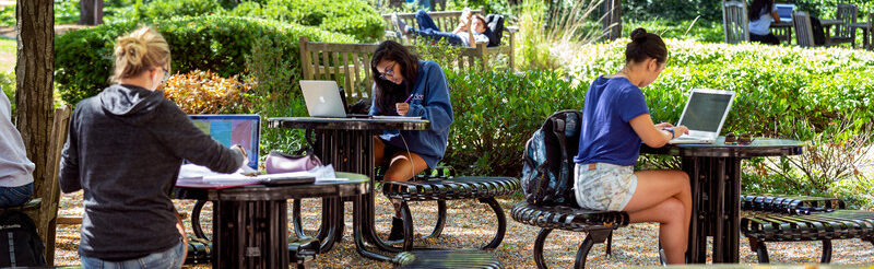 students studying on laptops sitting in tables outdoors