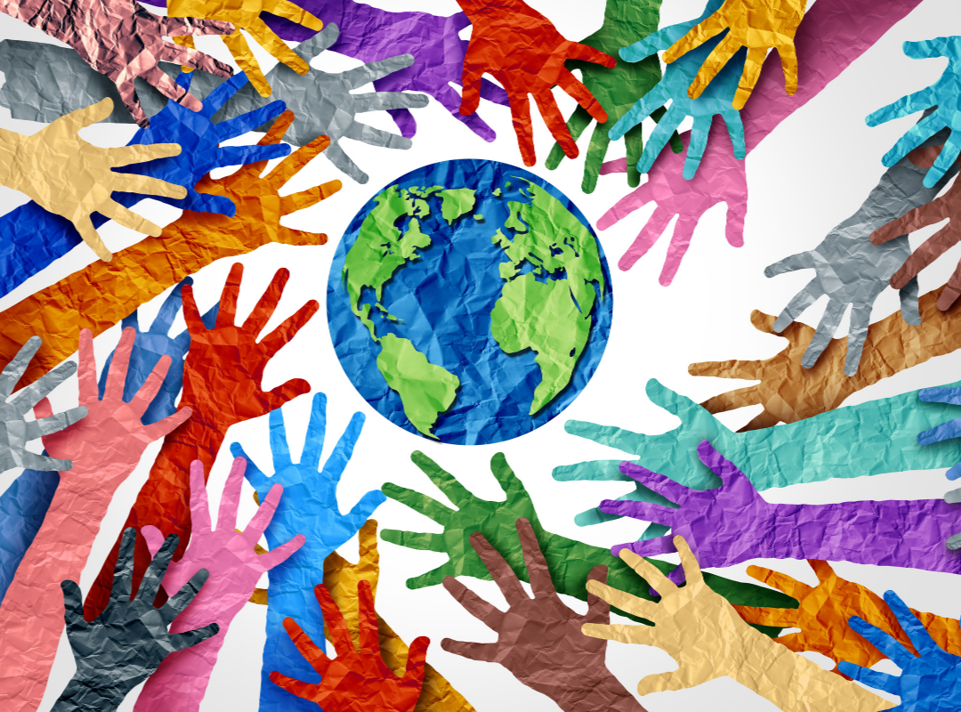 diverse hands/ globe illustration