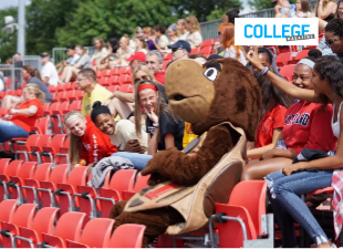 Testudo mascot in stands with students