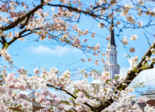 campus chapel with spring blooms